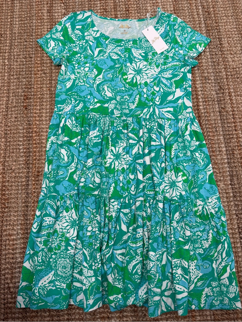 Lilly Pulitzer Aqua, Teal & White Floral Tiered Short-Sleeve Dress